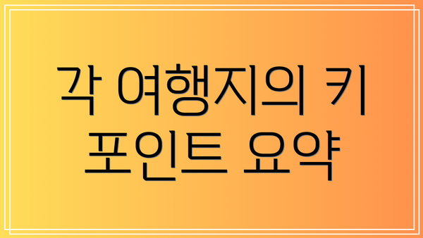 각 여행지의 키 포인트 요약